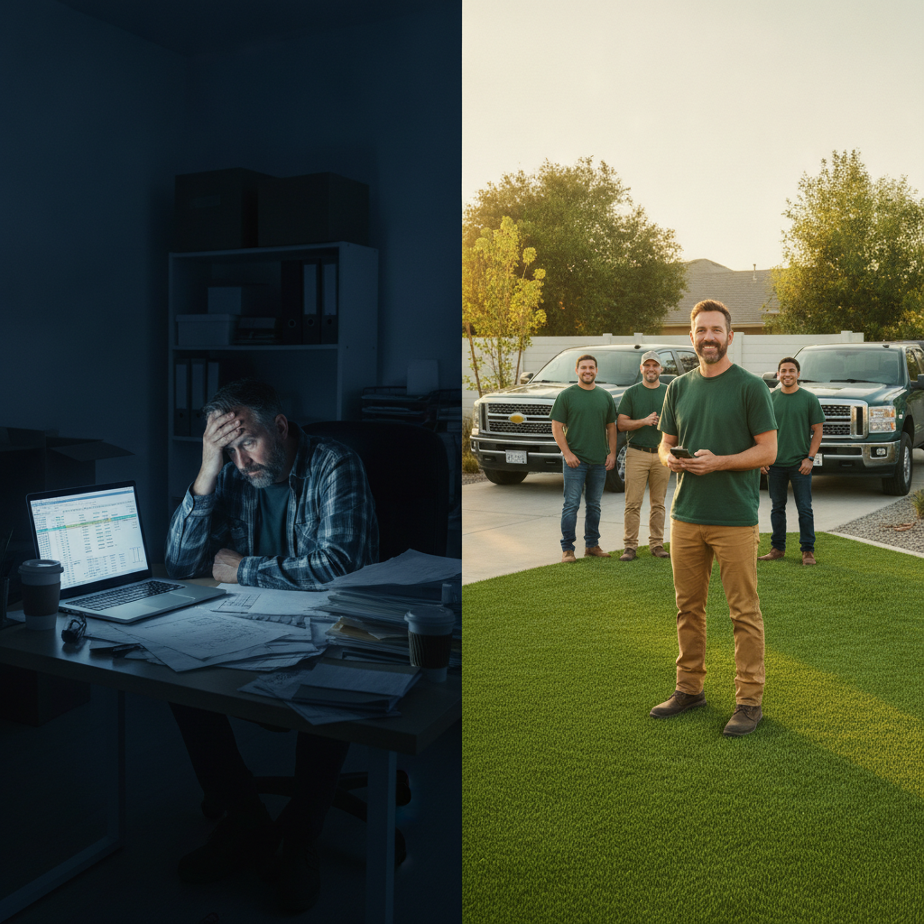 Same contractor, buried in spreadsheets at night on the left, standing on new turf with his crew and trucks on the right